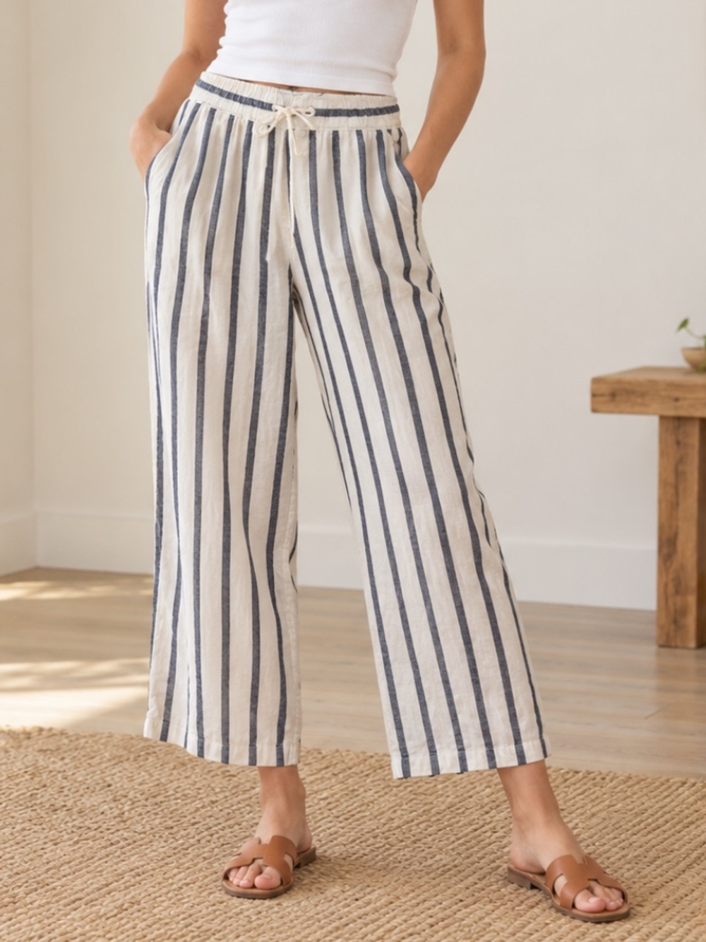 J. Crew Striped Linen Blend High Rise Relaxed Crop Wide Leg Pant Coastal Blue 6